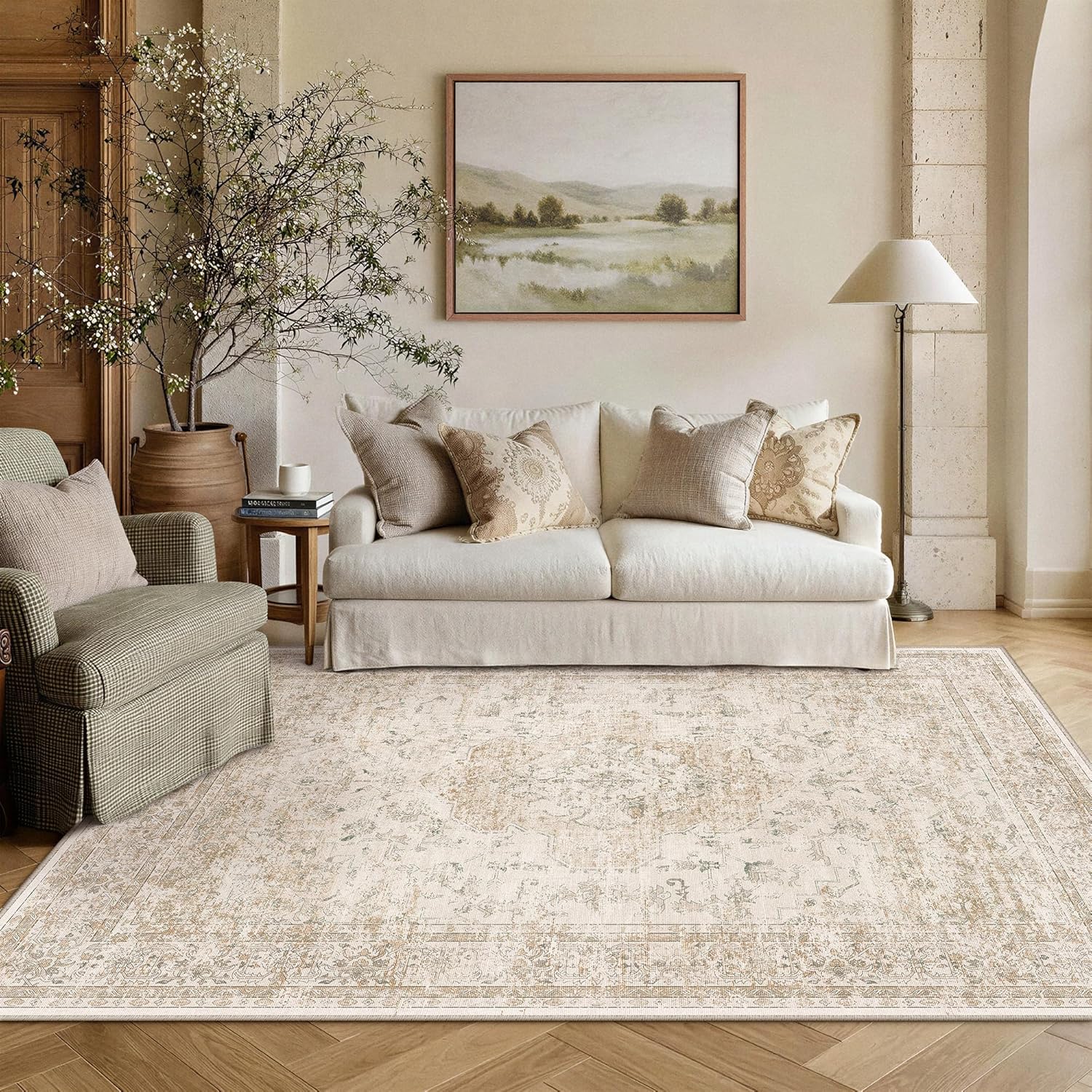PureCozy 6x9 Washable Area Rug Beige Vintage Distressed Large Rug for Living Room Oriental Soft Thin Indoor Retro Carpet Non Slip Low Pile Floor Cover for Bedroom Dining Room Office Nursery 6' x 9' (Rectangular) Neutral Beige