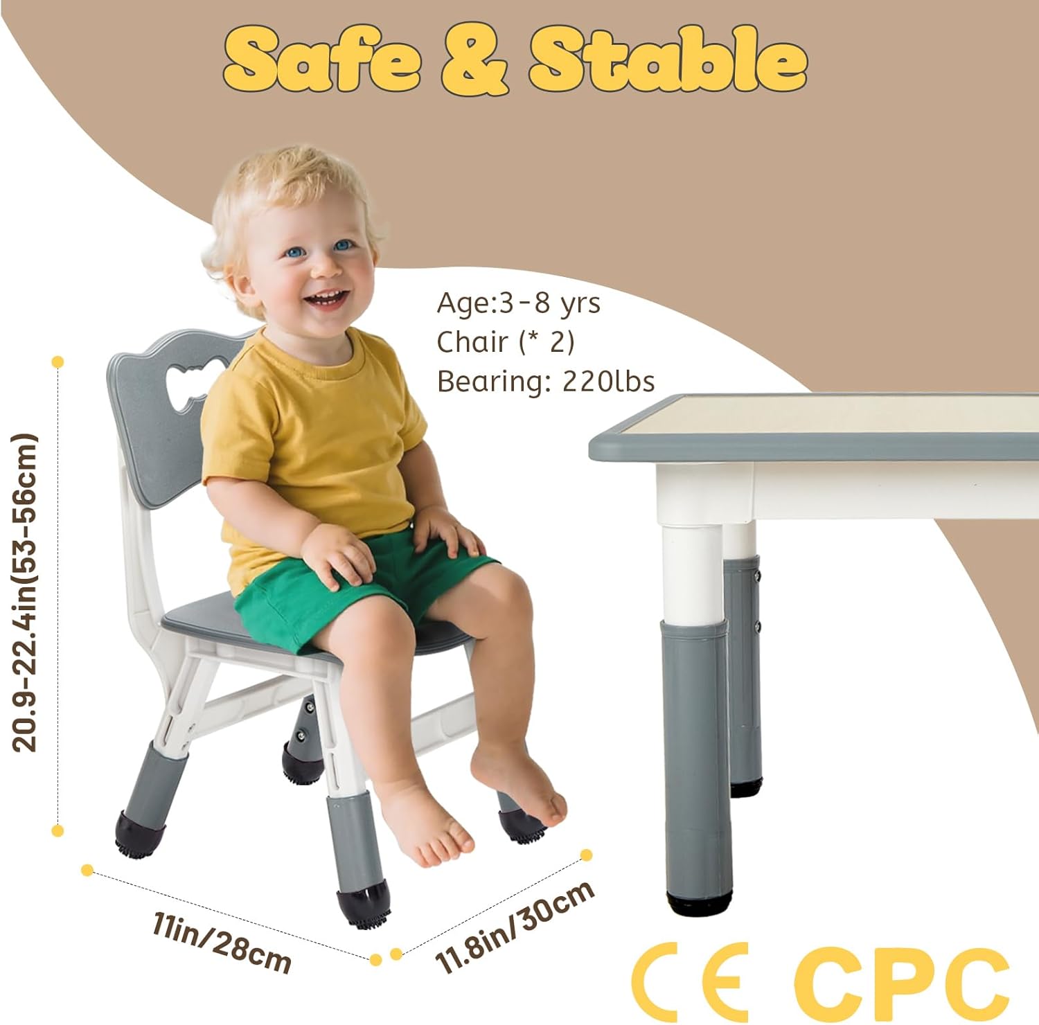 FUNLIO Adjustable Kids Chair (2pcs), 3 Level Height Adjustable Toddler Chair for Ages 3-8, Sturdy Child Chair with Maximum Bearing 220lbs, for Classrooms/Daycares/Homes, CPC & CE Approved - Grey Grey 2 Pcs