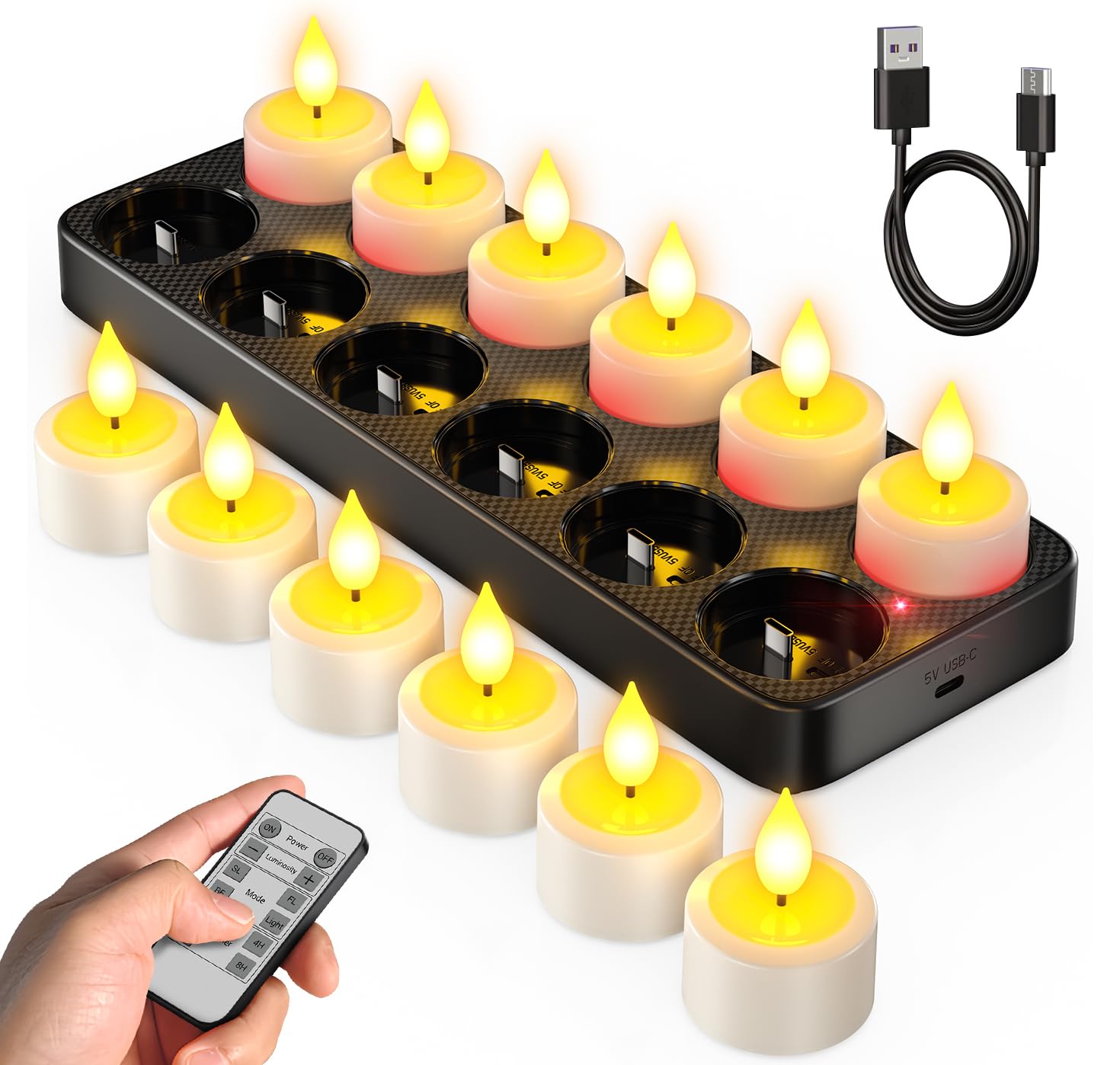 (damaged see photos)SoulBay Flameless Candles with Remote Control Timer & Charging Base, 12pcs USB Rechargeable Battery LED Tea Lights Candles Small Votive for Lantern Pool Mantle Weddings Emergency Christmas Decorative
