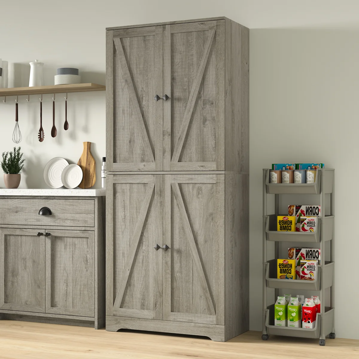 72" Tall Kitchen Pantry, Farmhouse Storage Cabinet