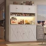 (“Blk Not White”) 72.8 H X 55.1 W Kitchen Pantry Cabinet With Led Lighting And Built-in Power Outlet, Microwave Stand & Adjustable Shelves