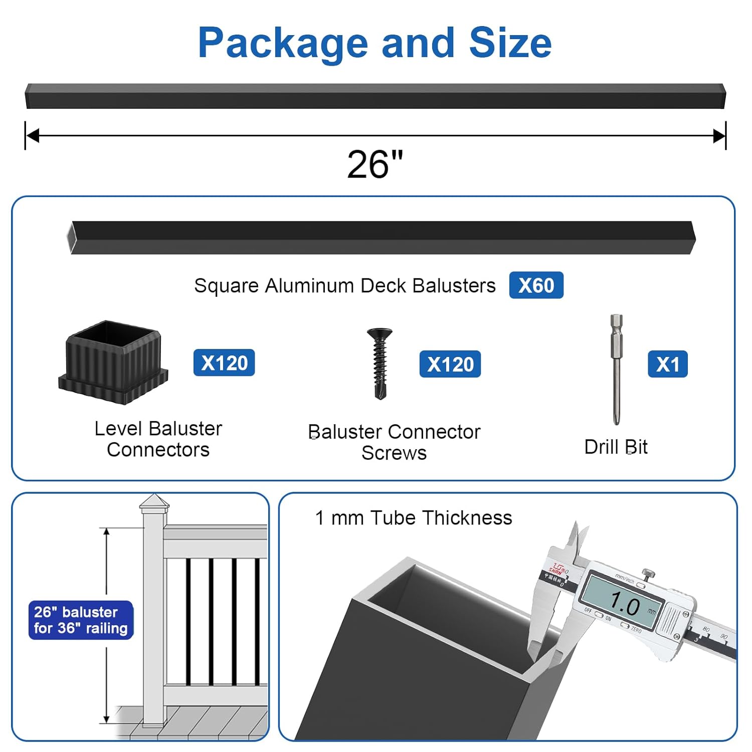 BLIKA 60 Pack 26 Square Aluminum Deck Balusters, 3/4 Black Aluminum Deck Spindles with Anti-UV Black Baluster Connectors, Hollow Metal Balusters for Wood and Composite Deck Porch Railing System Square-26 60