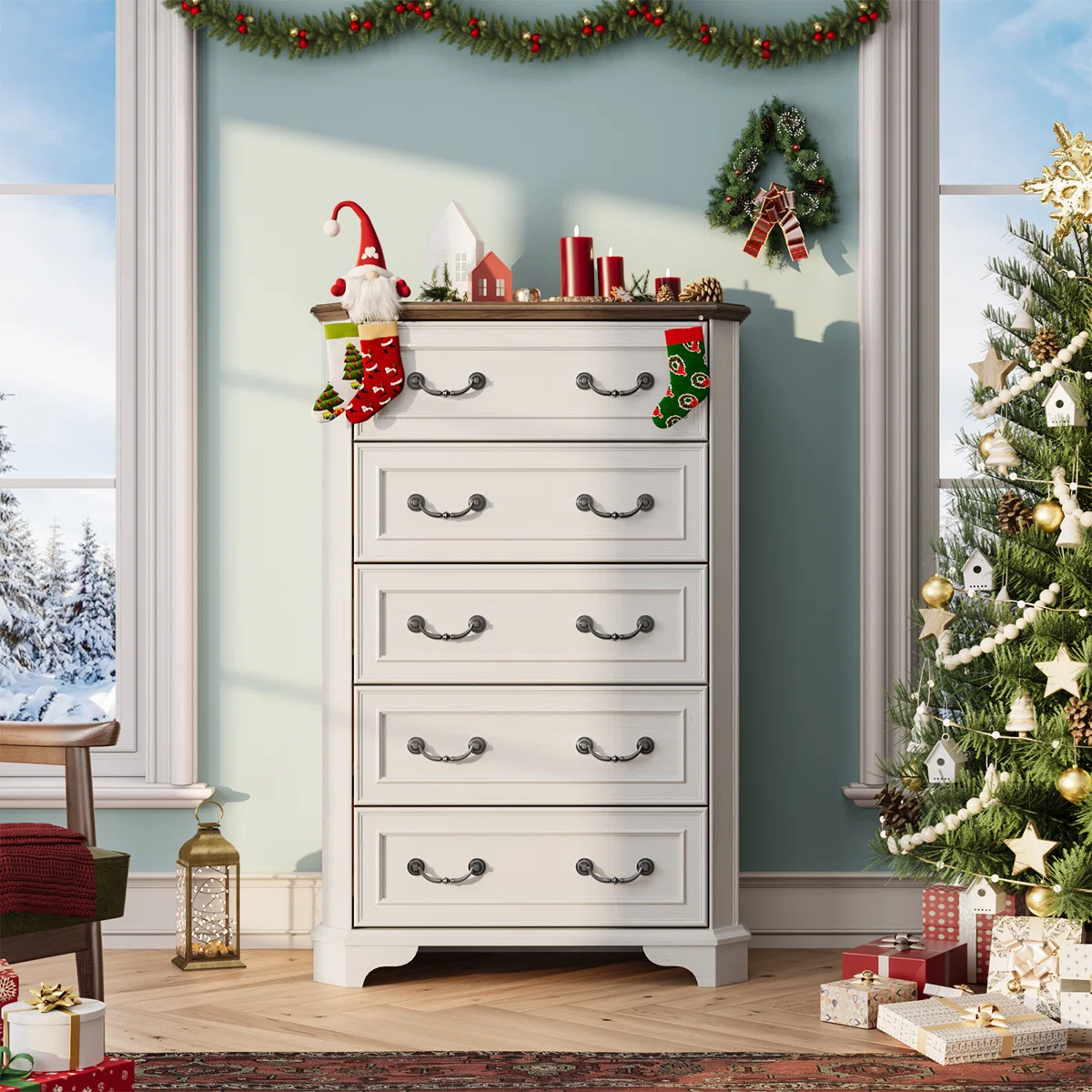 Farmhouse 5 Drawer Bedroom Dresser, Wood Tall Chest Of Drawers, Closet Storage For Bedroom