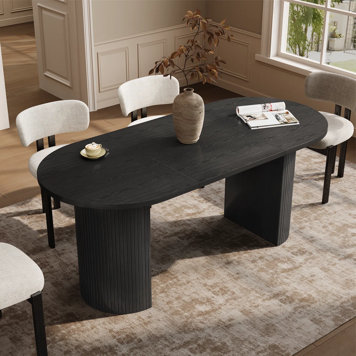 33.5"W×30"H Oval Dining Table Kitchen Table With Tambour Double Pedestal Base