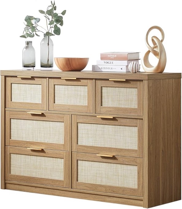 (may not be complete or might have) broken pieces, 7 Drawers Dresser, Rattan Dresser TV Stand for Bedroom Closet, Wood Chests of Drawers with Metal Handle and Wide Drawers, 47.24 W x 15.43 D x 31.29 H