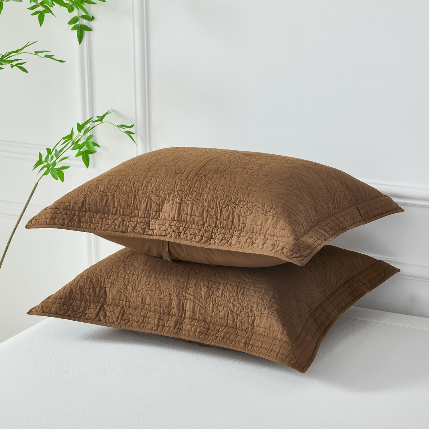 WINLIFE 100% Cotton Quilted Pillow Sham Floral Printed Pillow Cover Set of 2 (Standard Size, Coffee) Coffee 26 x 20 (Pack of 2)
