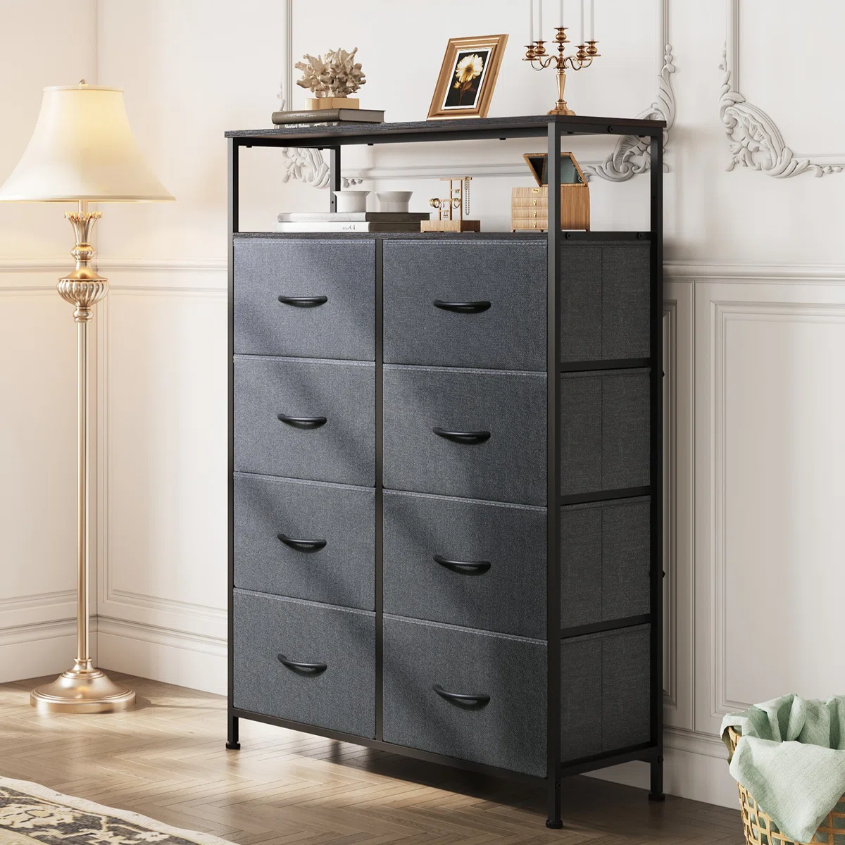 Tall Fabric Dresser With 8 Drawers And Open Shelves For Bedroom, Storage Tower With Fabric Bins, Chest Of Drawers For Closet, Hallway