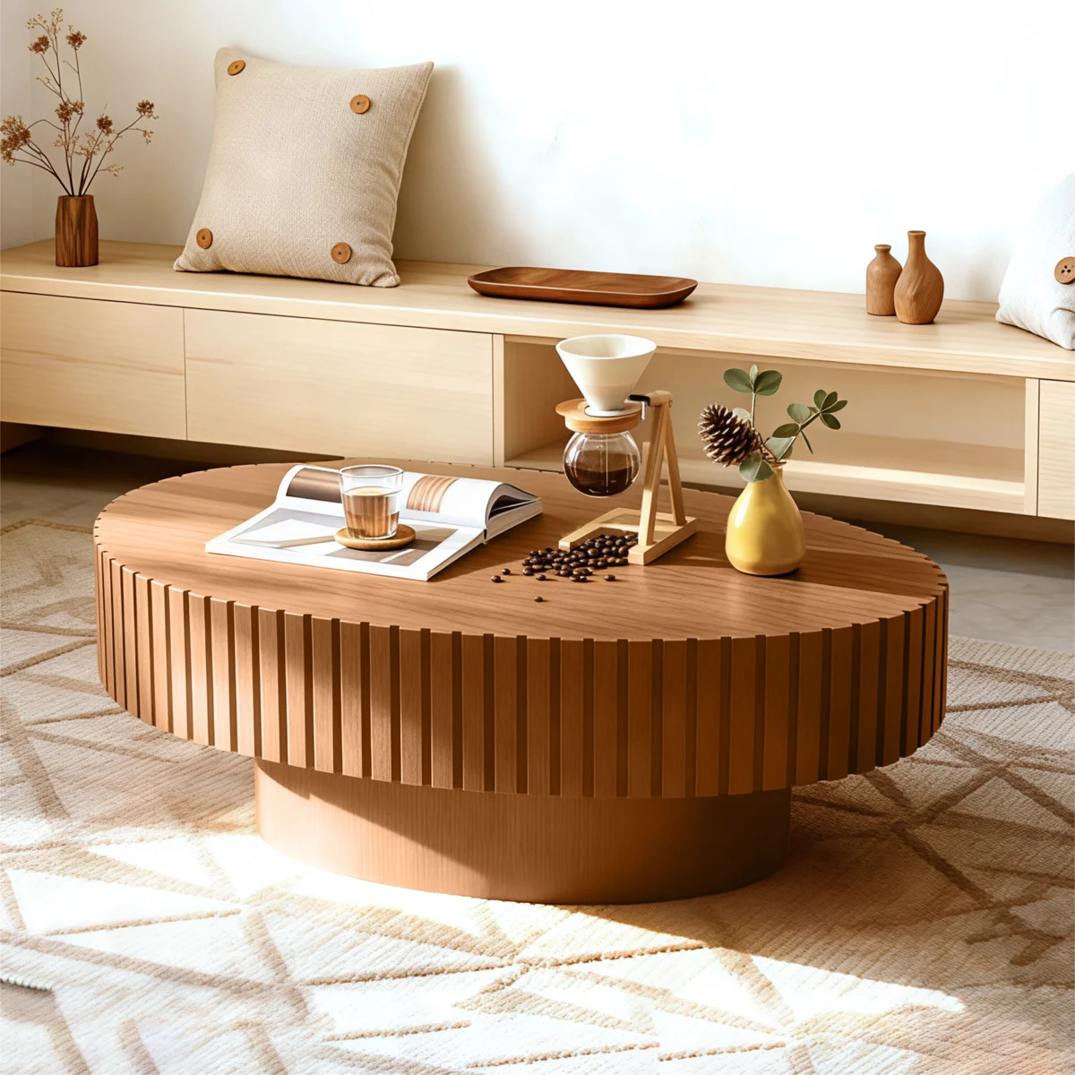 Modern Oval Wooden Olive-shaped Coffee Table With Solid Wood Fluted Design For Living Room