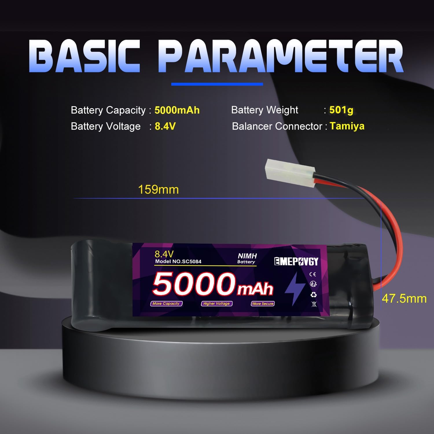 8.4V RC NiMH Battery 5000mAh Capacity Rechargeable 7-Cell Flat Battery Pack with Tamiya Plug(2 Packs) 8.4V-2
