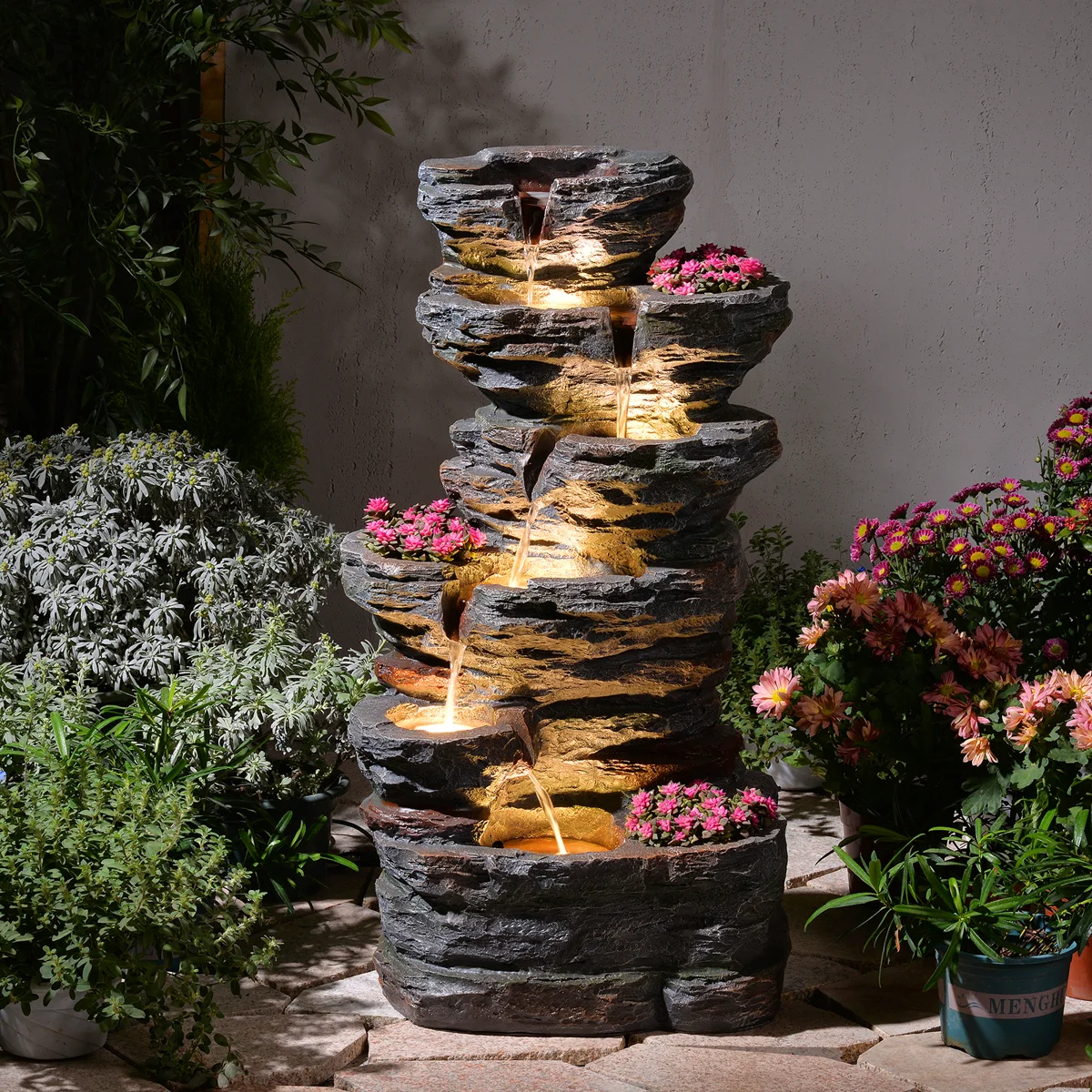 32.7’’h 6-tier Rock Water Fountain Outdoor Cascading Waterfall Fountain With 3 Plant Nooks And Led Lights, Outdoor Water Fountain For Garden, Patio, Porch & Yard Decor