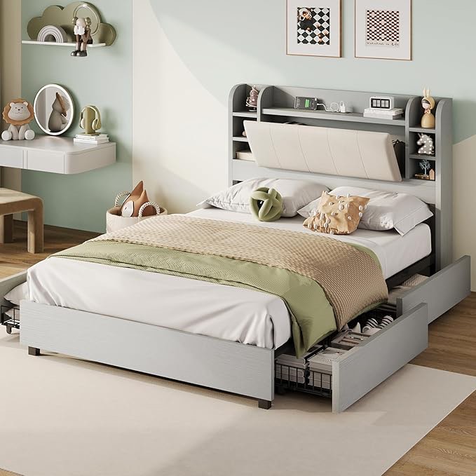 Amerlife Upholstered Bed Frame With 4 Storage Drawers, Light Grey,box1