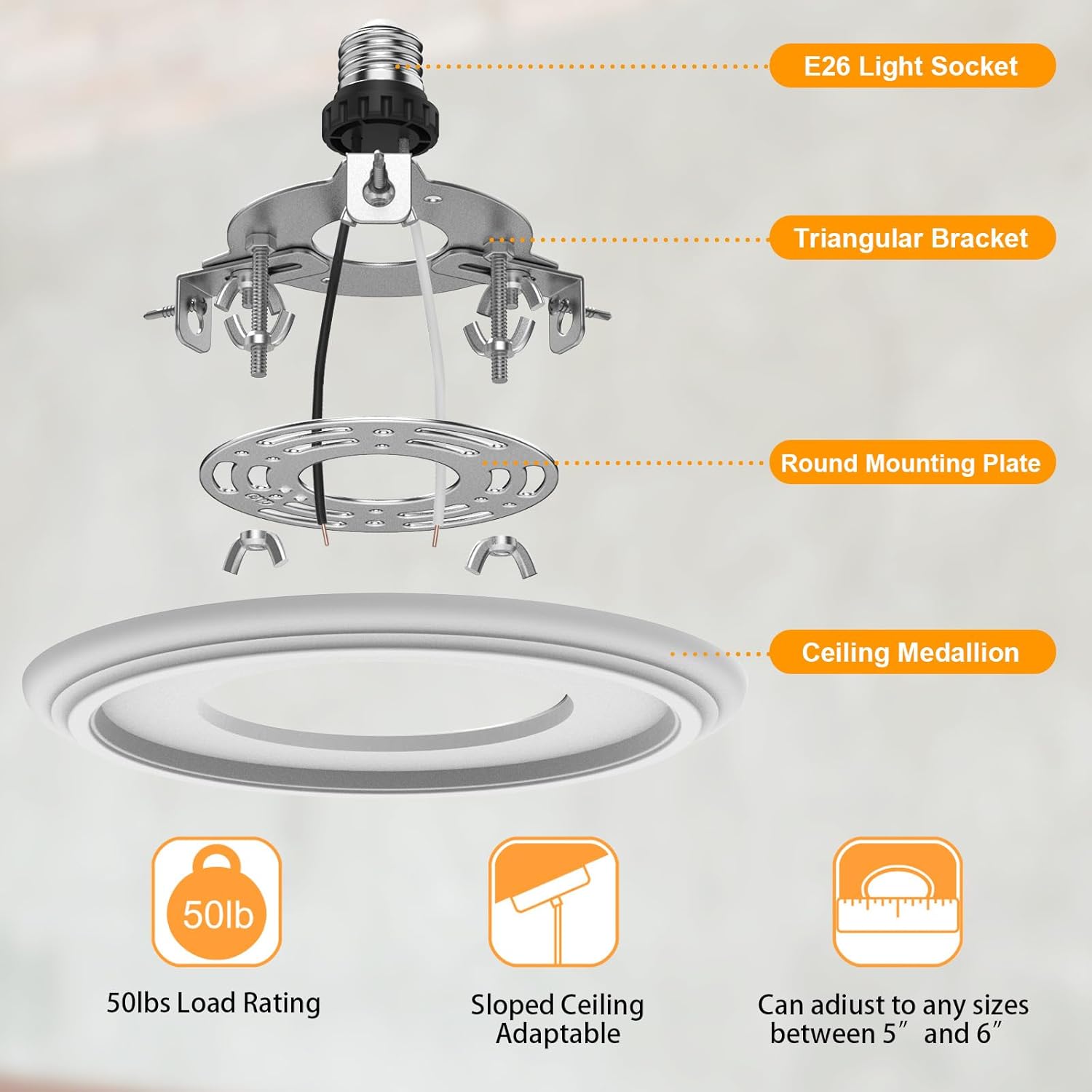 5 and 6 inch Recessed Can Light Conversion Kit, for Ceiling Light Fixture, Pendant Light, Hanging Light, Ceiling Fan, with 7’¾ Beveled & Flat, Steel, Medallion, White Finish 3D White -1pc
