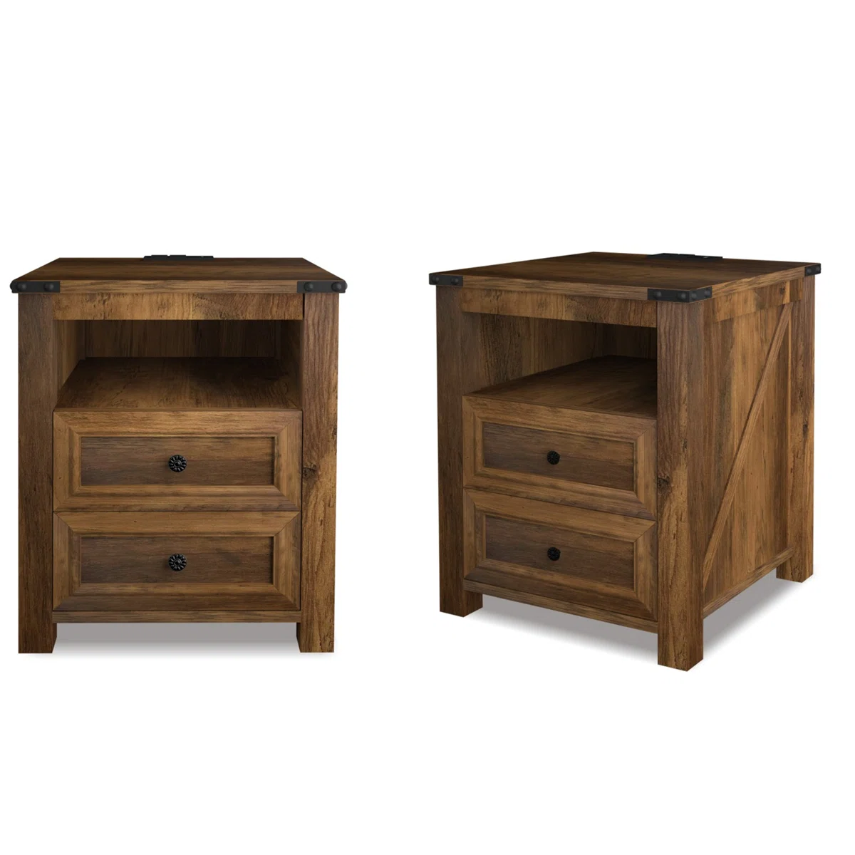 Nightstands With Charging Station, Rustic 18 Inch Bedside Table With 2 Storage Drawers And Open Shelf