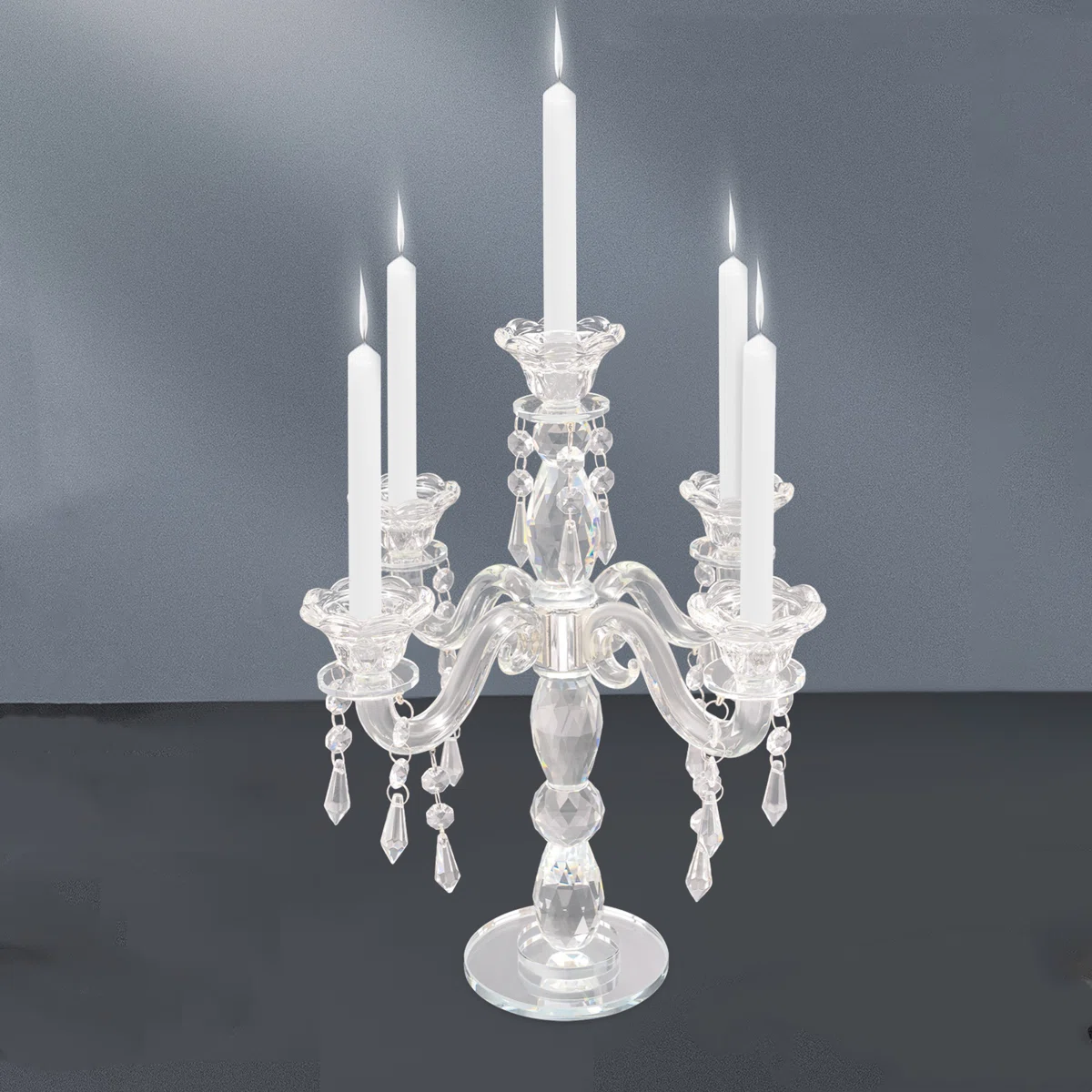14"H 5-Arm Clear Crystal Glass Candle Holder