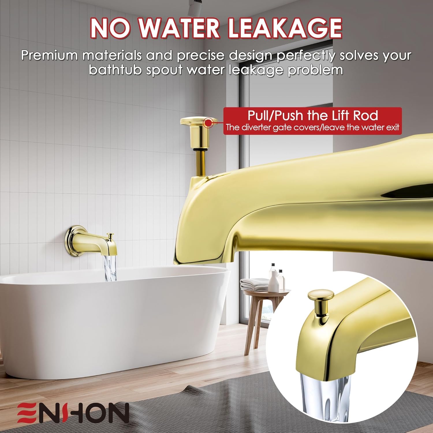 Enhon Tub Spout with Diverter, Slip-Fit Bathtub Faucet Spout Replacement, 1/2 Copper Pipe Connection, Easy to Install, Universal for Bathroom Shower(Polished Brass,1 Pack) 1 Polished Brass