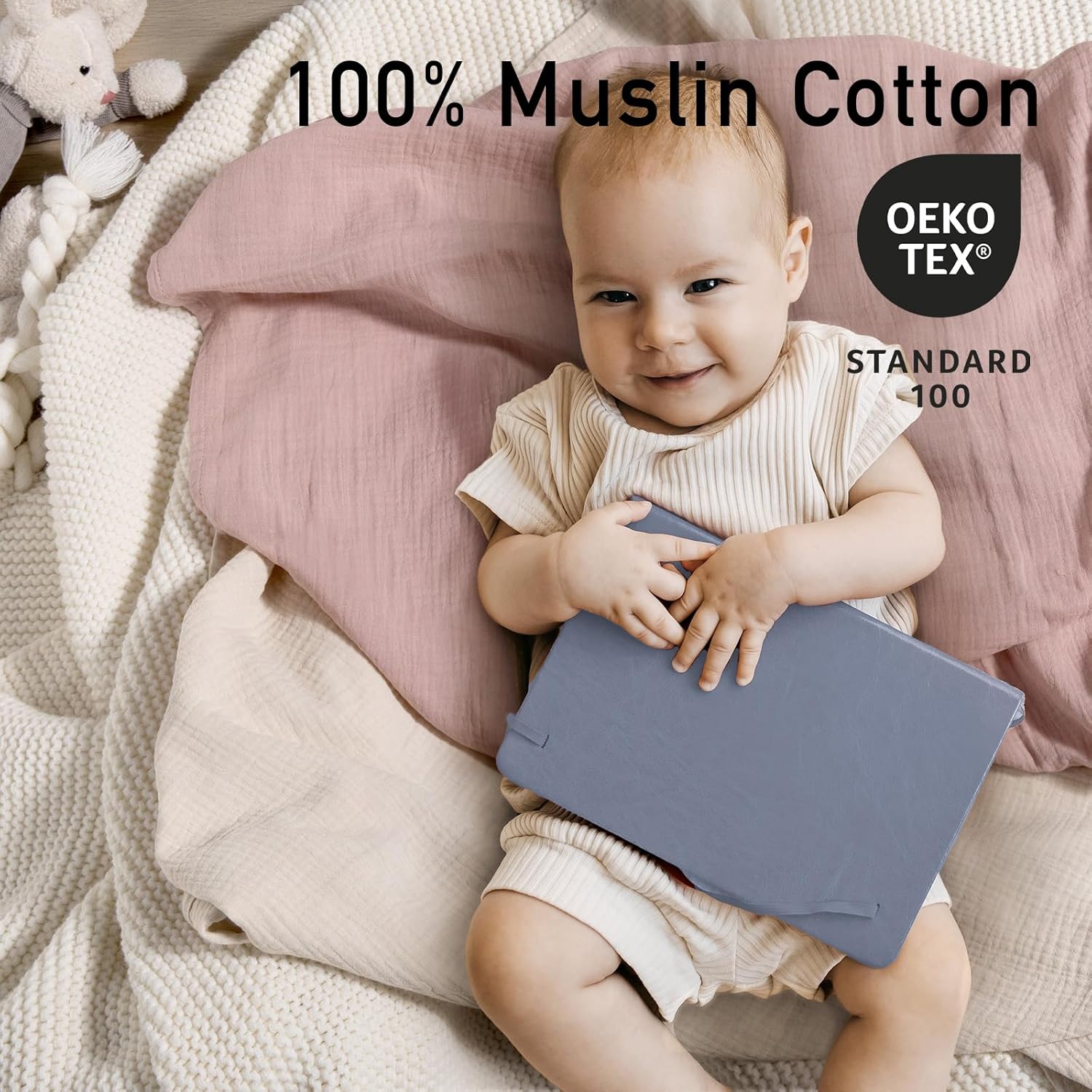 GLLQUEN BABY Muslin Swaddle Blankets for Girls, 2-Pack Organic Baby Blankets for Girl Boy, Newborn Receiving Blanket, Baby Swaddle Blanket Unisex, Baby Essentials, Registry & Gift, 40 x 38 inches Pink & Light Gray 2-Pack