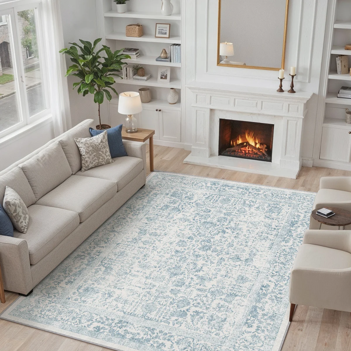 Kitty Machine Washable Vintage Area Rug With Non-Slip Backing