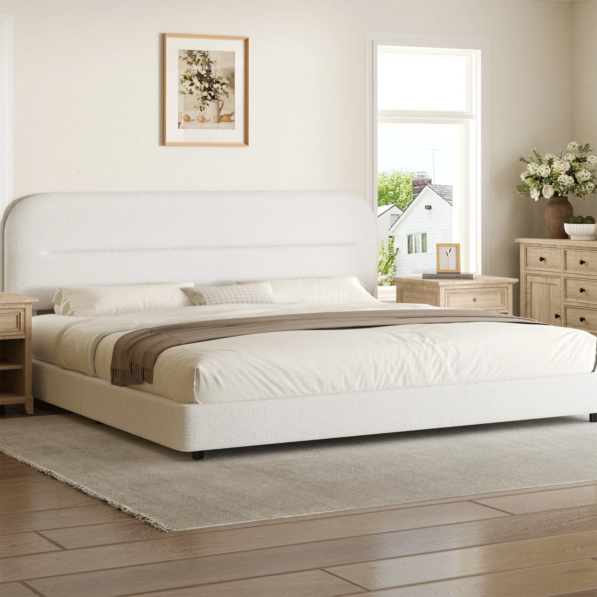 Hayden Platform Bed Frame, Cloud Collection with Boucle Upholstery & Rounded Headboard, Thickened Footboard