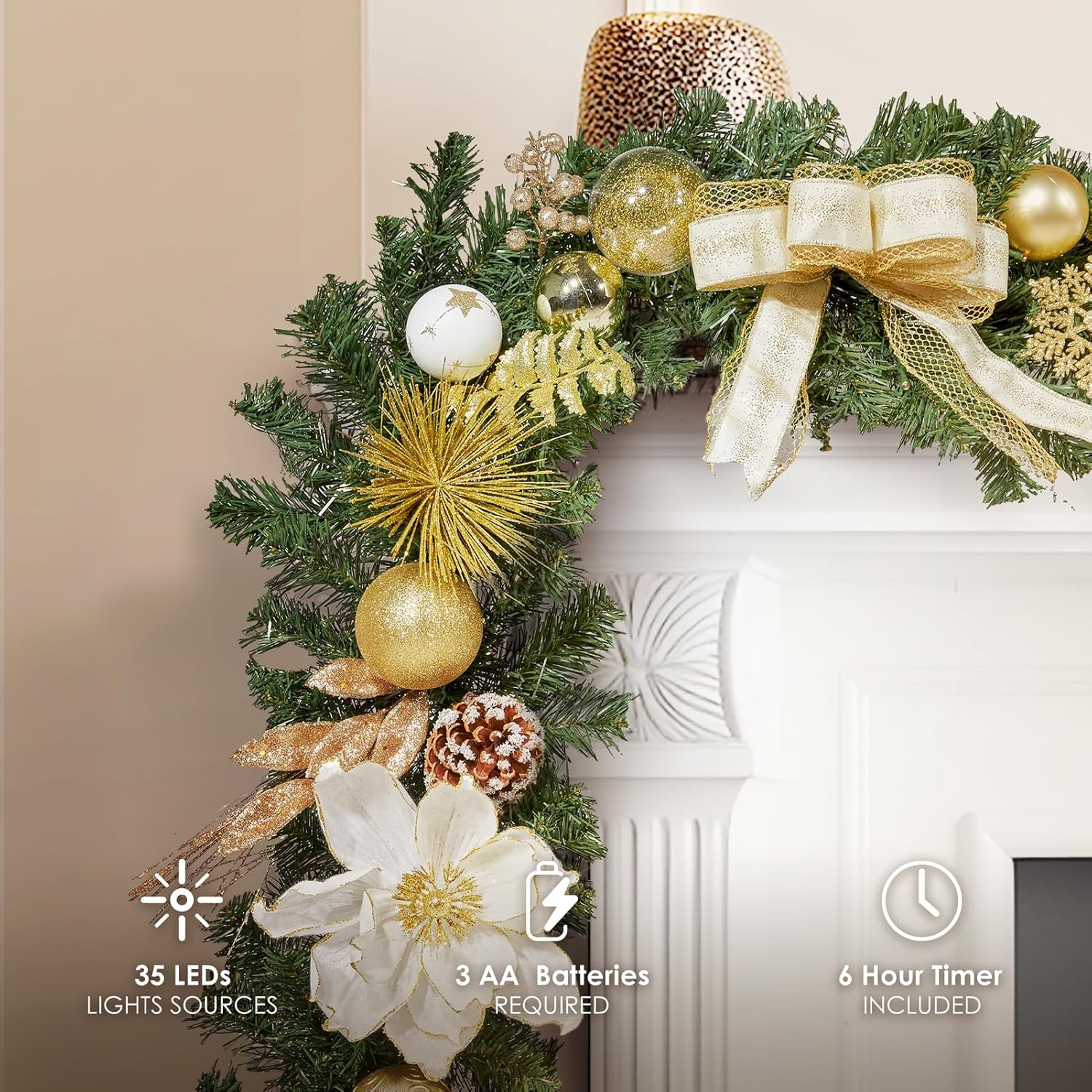 WBHome Pre-lit 6 Feet/72 Inch Christmas Garland, White & Gold Lighted Garland with 35 LED Lights for Indoor Outdoor Xmas Decor Holiday Decorations, Battery Operated (Batteries NOT Included) Gold & White 6 FT