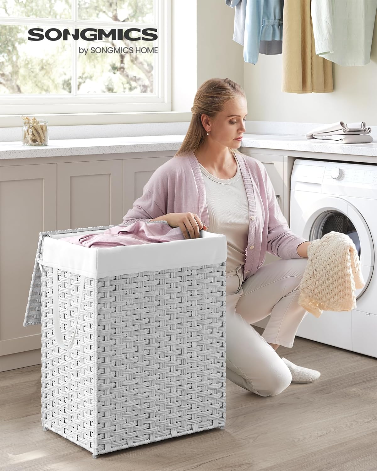 SONGMICS Laundry Hamper with Lid, 23.8 Gallon (90 L) Synthetic Rattan Clothes Laundry Basket with Lid and Handles, Foldable, Removable Liner, Cloud White ULCB51WT Cloud White 90 L