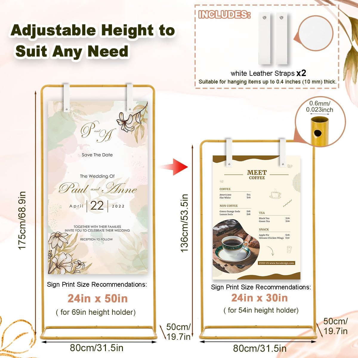 Wedding Sign Holder,Adjustable Welcome to Our Wedding Sign Stand with 2 Leather Sign Hanging Straps,Wedding Seating Chart Stand for Party,Baby Shower,Graduation Ceremony(Posters Excluded) Gold-1PCS 68.9inch