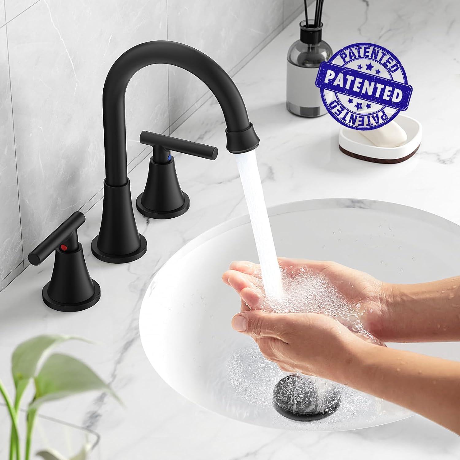 Bathroom Faucets for Sink 3 Hole, Hurran Matte Black Bathroom Sink Faucet with Pop-up Drain and Supply Lines, Stainless Steel Lead-Free Widespread Faucet for Vanity RV Farmhouse Sink 8 Inch Matte Black