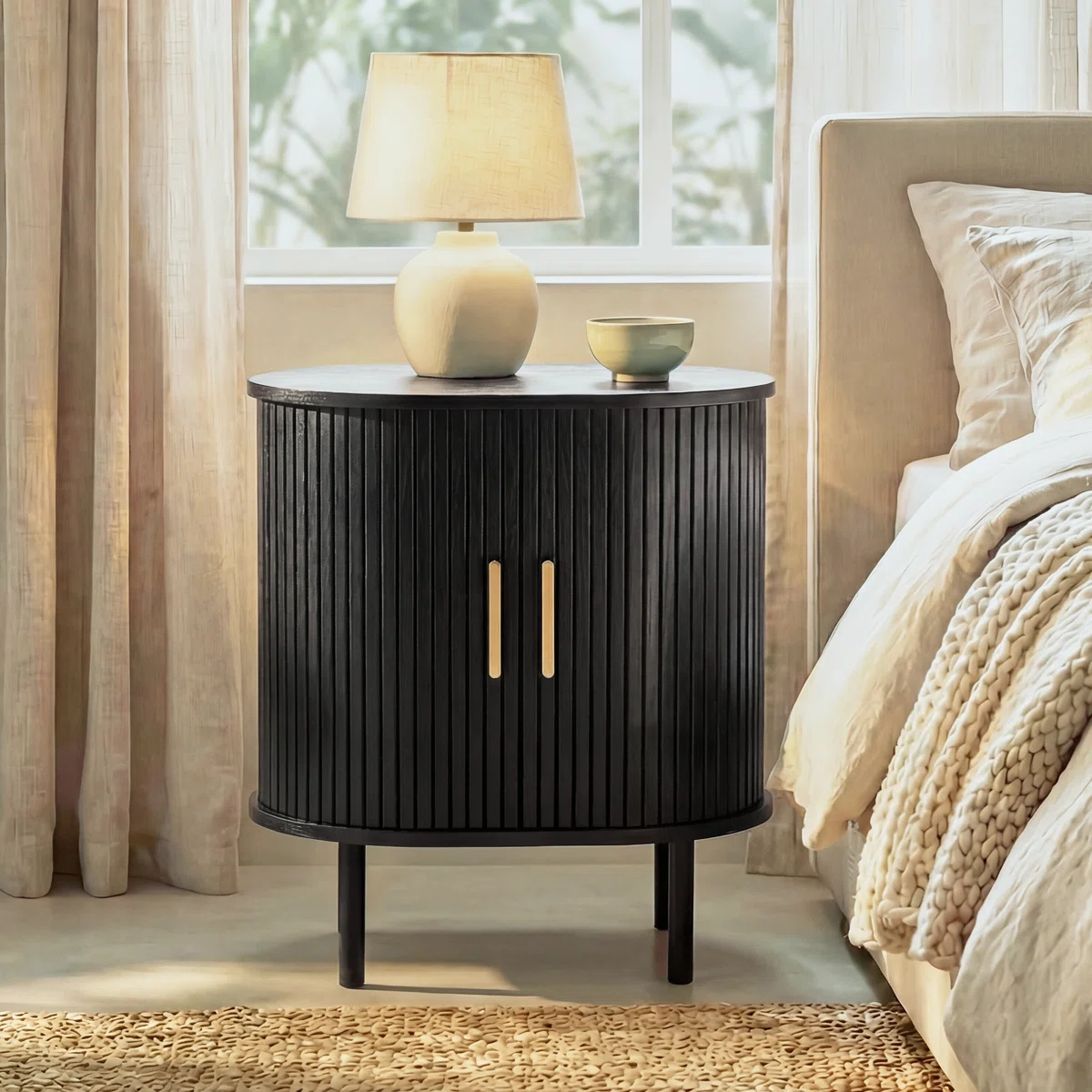 Mid-Century Modern Tambour Nightstand with Storage & Adjustable Shelves