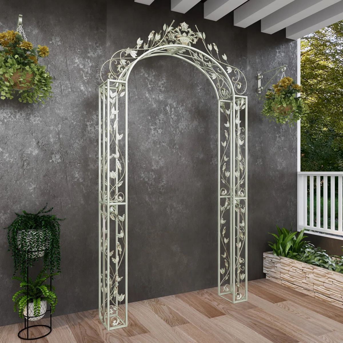Coletin Metal Indoor Outdoor Scrollwork Arched Bird Garden Arbor with Sculpted Branches