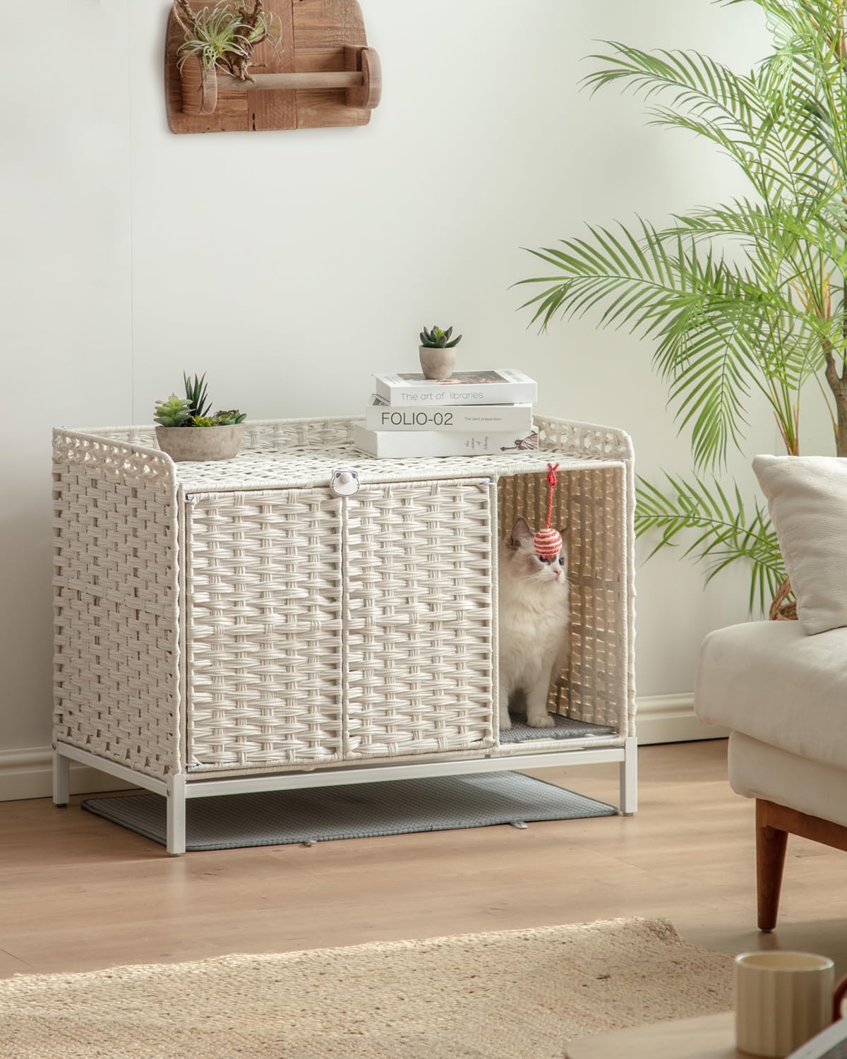 SETVSON Cat Litter Box Enclosure Furniture with Divider, Handwoven Rattan Litter Box with Mat, 31.2 x 19.6 x 24.2 Inches, Metal Heightened Feet, Hidden Cat House for Living Room, Bedroom (White) White Rectangle
