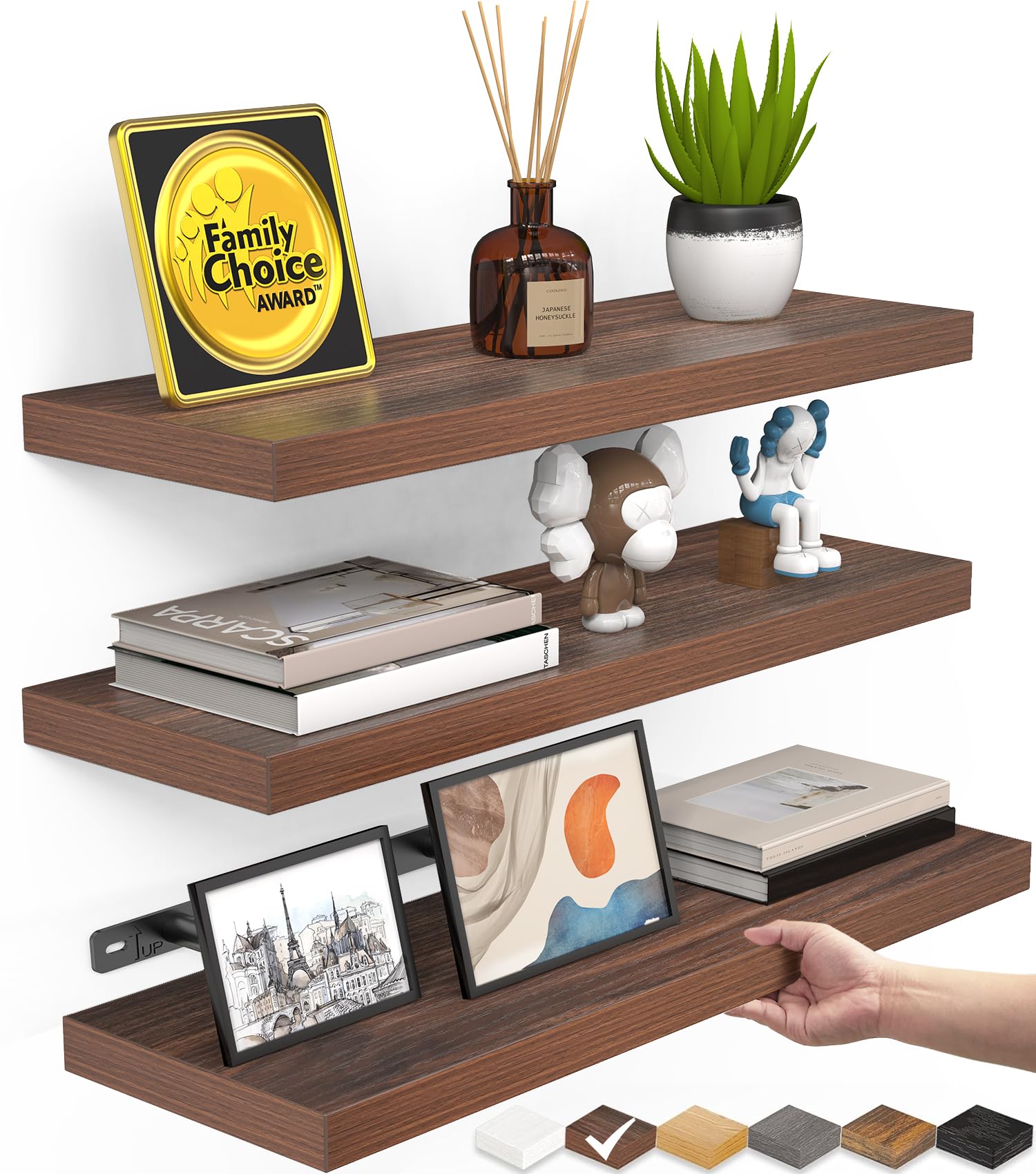 BAYKA Floating Shelves for Wall, Wall Mounted Rustic Wood Shelves for Bathroom, Bedroom, Living Room, Kitchen,Small Hanging Shelf for Books/Storage/Room Decor (Walnut-Like, Set of 3, 15.7in)