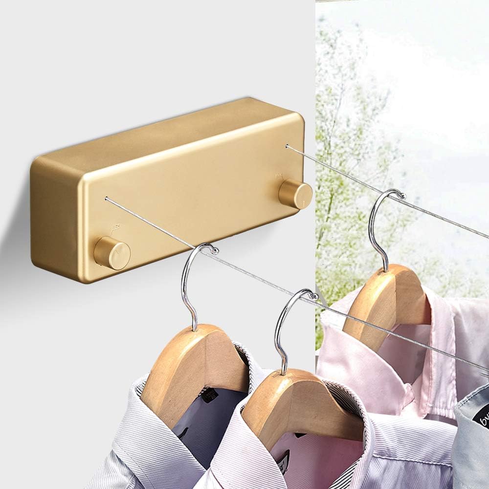 BESy Retractable Clothesline ABS case+Aluminum Dryer with Adjustable Stainless Steel Double Rope String Hotel Style Heavy Duty,Wall Mounted Method, 13.8 Feets,Gold Double Rope Gold