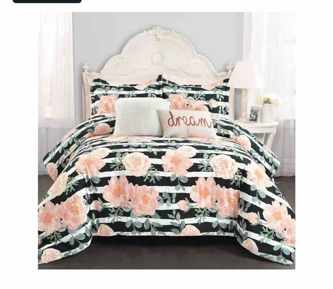 Lush Decor Amara Watercolor Rose 5 Piece Quilt Set, Black & Dusty Rose, Full Queen