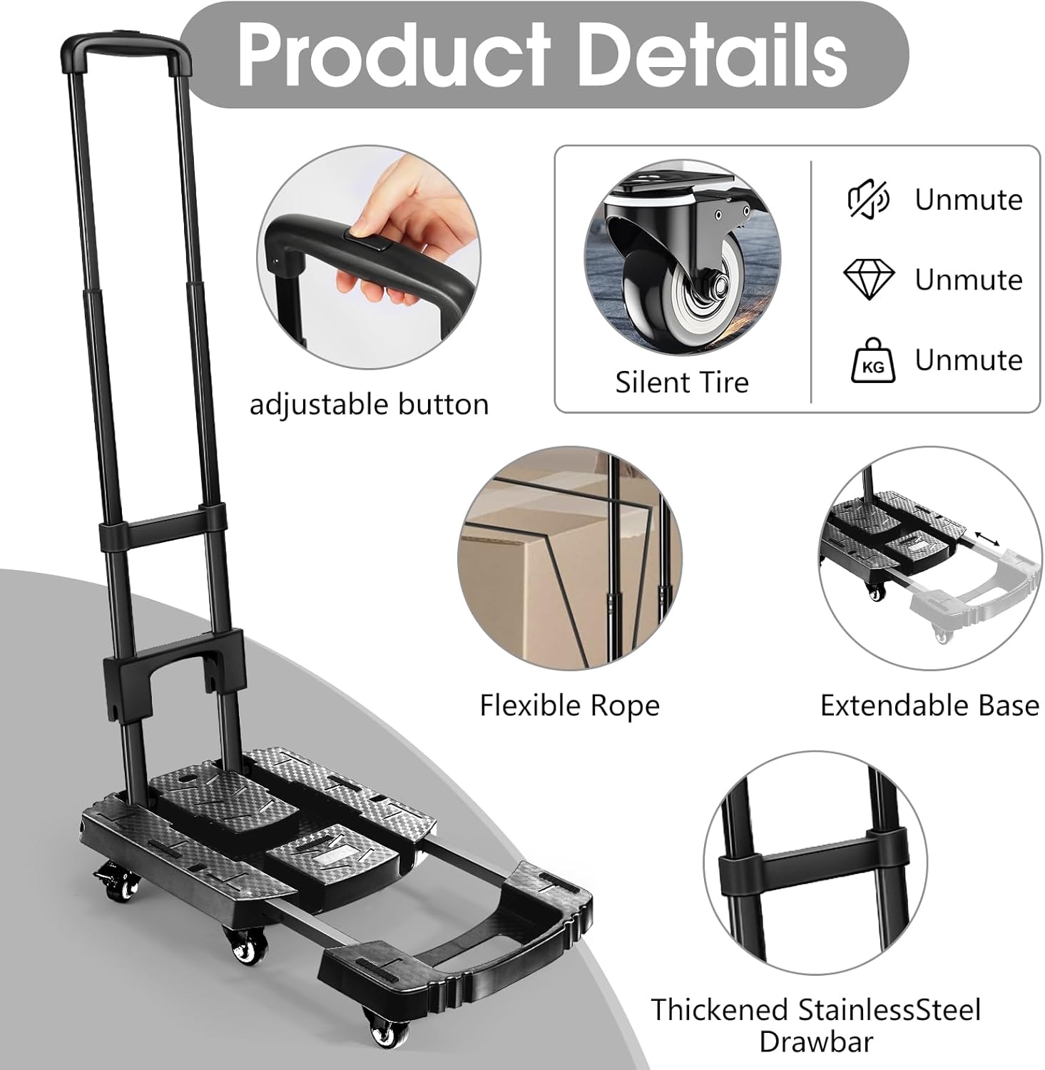 Folding Hand Truck 500lbs, Portable Heavy Duty Dolly Cart, 6 Wheels Collapsible Luggage Cart with 2 Elastic Ropes - Compact Trolley Cart for Easy Moving - Ideal Hand Cart for Travel and More Black 17