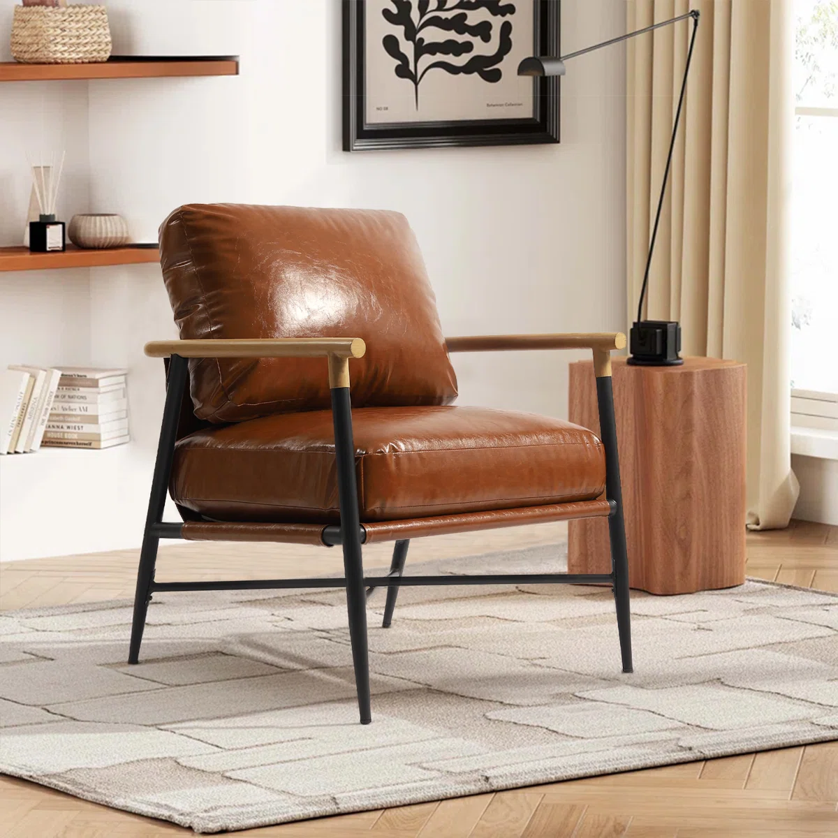 Dajauna Midcentury Modern Upholstered Metal Frame Leather Arm Accent Chair