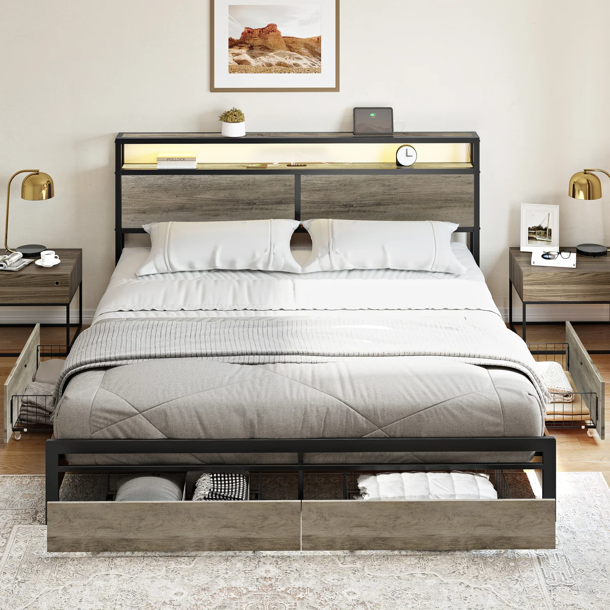 Antioch Modern King Bed with 4 Drawers and Open Storage Headboard, Adjustable LED Light and Charging Station, No Box Spring Needed