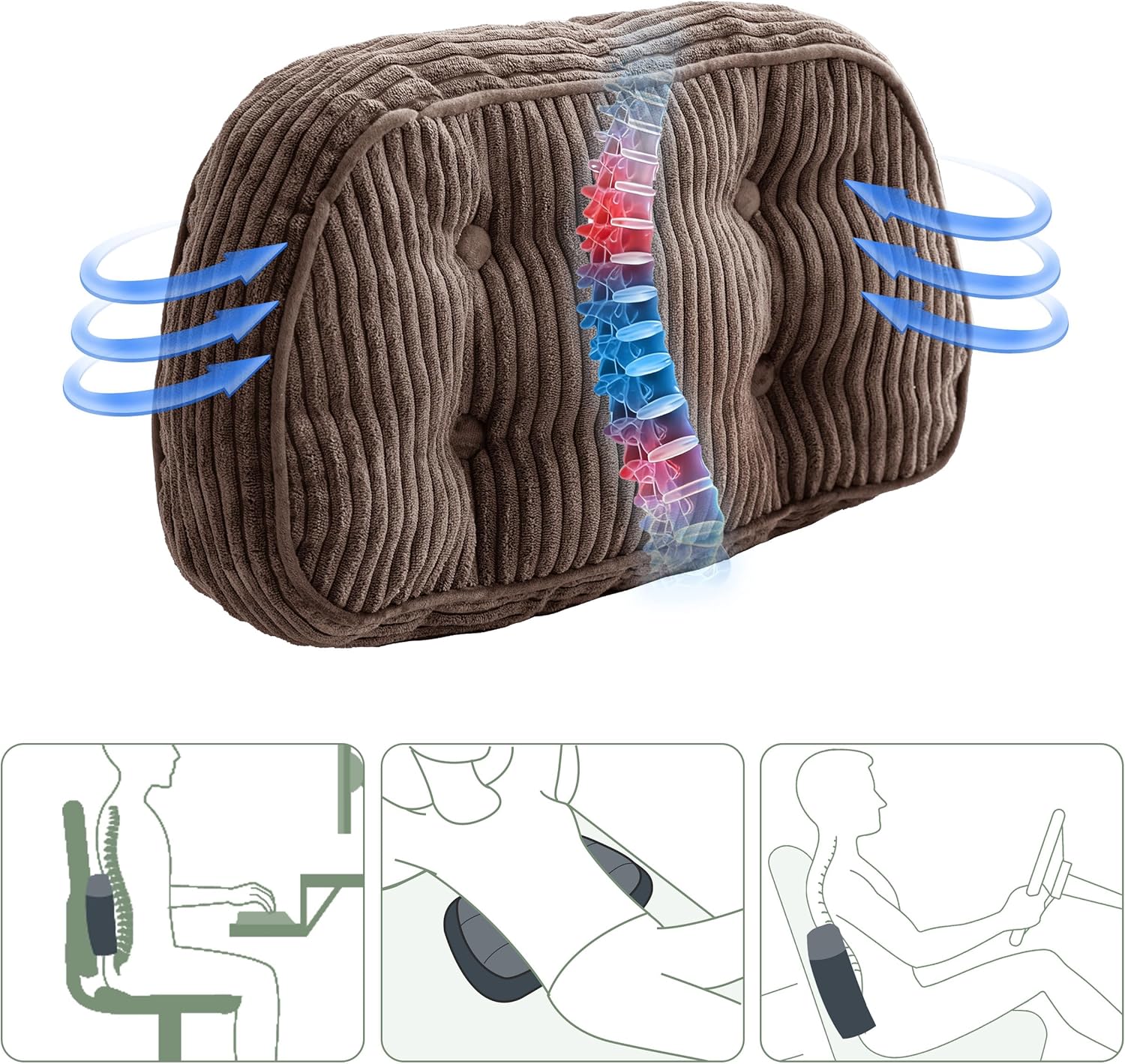 HIGOGOGO Lumbar Support Pillow for Recliner Chair/Accent Chair/Couch/Office Chair, Tufted Corduroy Back Support Cushion for Elderly, Recliner Cushions for Back Rest, Pain Relief, Reading, Brown Brown Large
