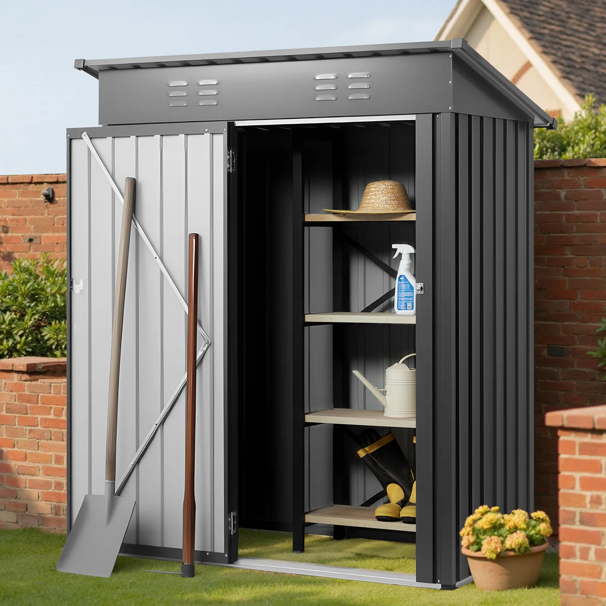 5 x 3 FT Metal Garden Shed Waterproof Tool Shed with 2 Louver Vents Grey