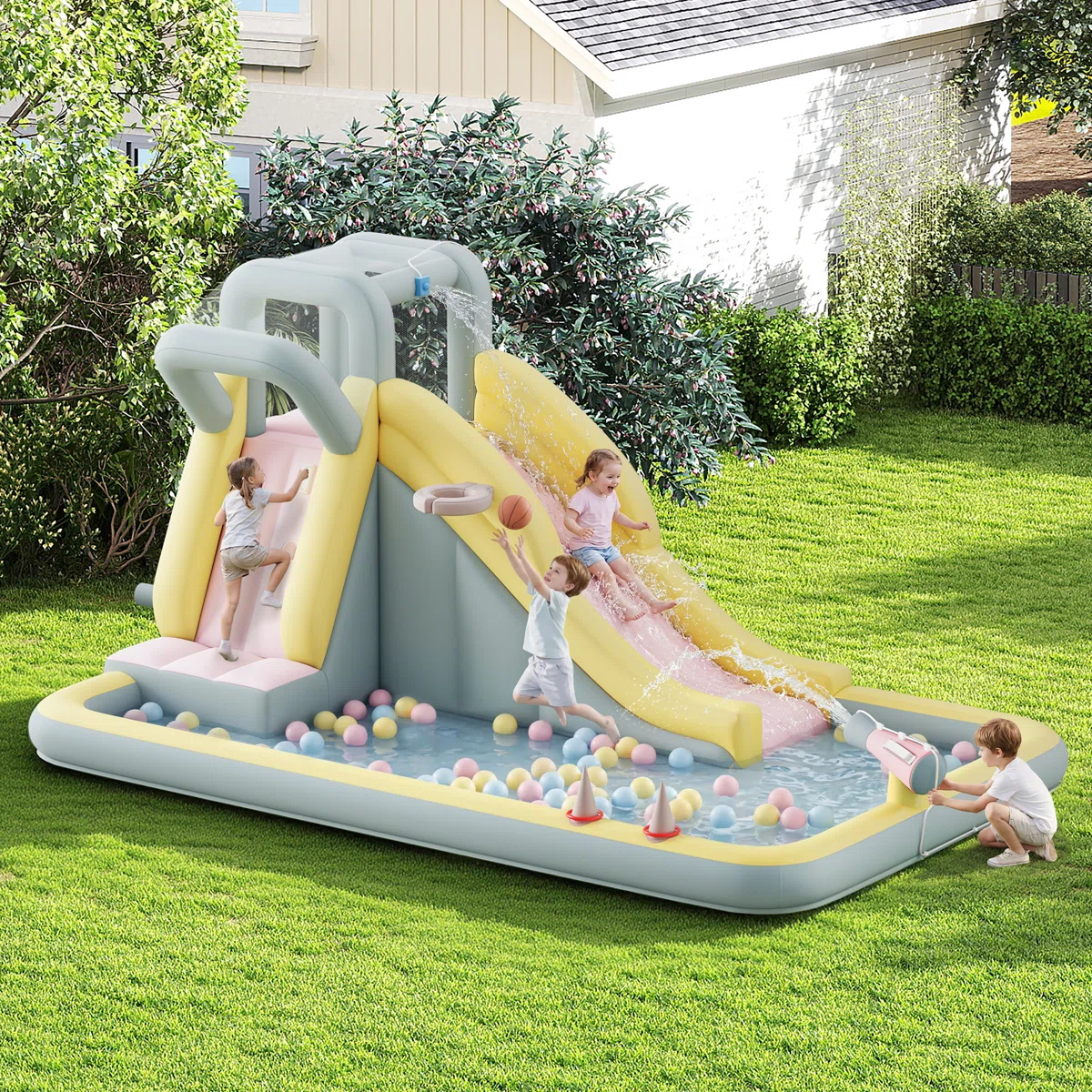 Tested! Inflatable Bounce House, Water Slide With Jumping Area, Climbing Wall, Splash Pool And Water Gun, Indoor Outdoor Jumper For Big Children, Air Blower Included, Pastel Color, 154x106x75 Inch