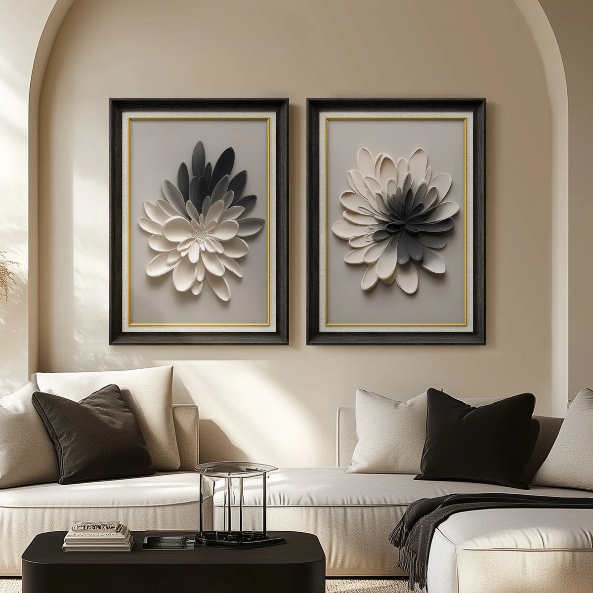Modern 3D Floral Sculptural Art in Neutral Tones Contemporary Dimensional Wall Decor – Set of 2 Premium Framed Wall Art Print on Paper 26"x36"