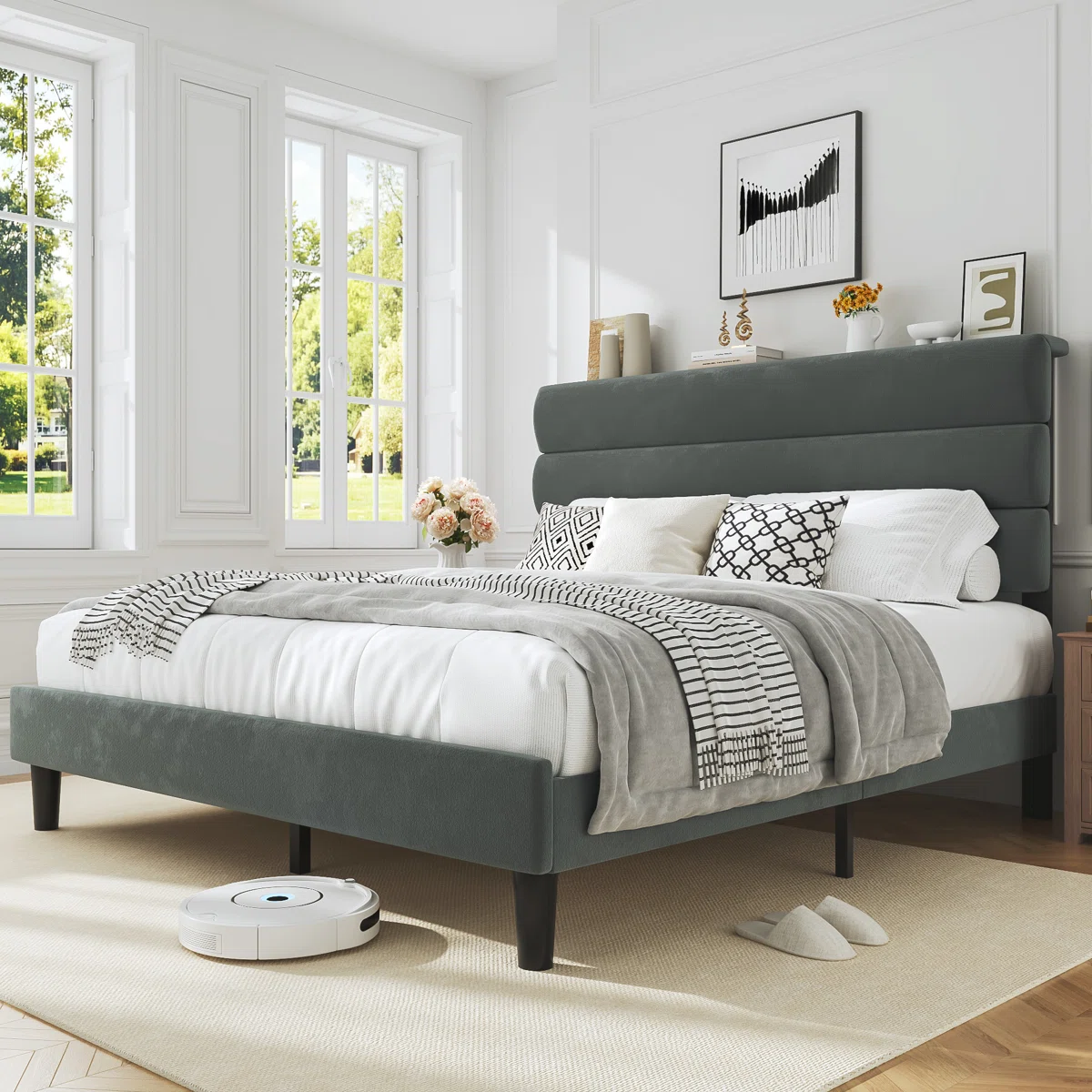 Bed Frame with Velvet Headboard – No Box Spring Needed, Soft Upholstery, Easy Assembly
