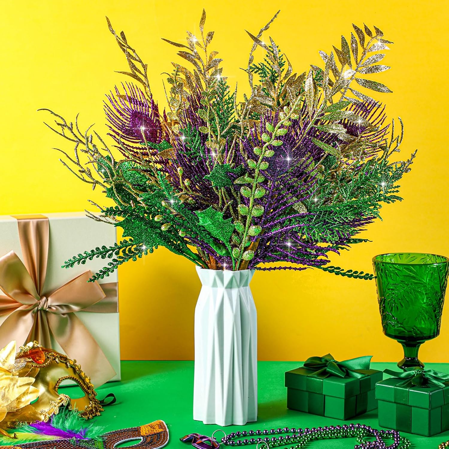 9 Pcs 17.7 Inch Mardi Gras Picks Decoration Centerpieces for Tables Mardi Gras Glitter Picks Purple Green Gold Decor Floral Stems Sprays Artificial Branch for Tree Topper Ornament DIY Decor Colorful