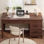 (INCOMPLETE BOX ONE ONLY) Executive Desk with Drawers, Farmhouse Home Office Desk with Charging Station, Keyboard Tray, File Cabinet Storage, Wood Computer Desk for Work and Study