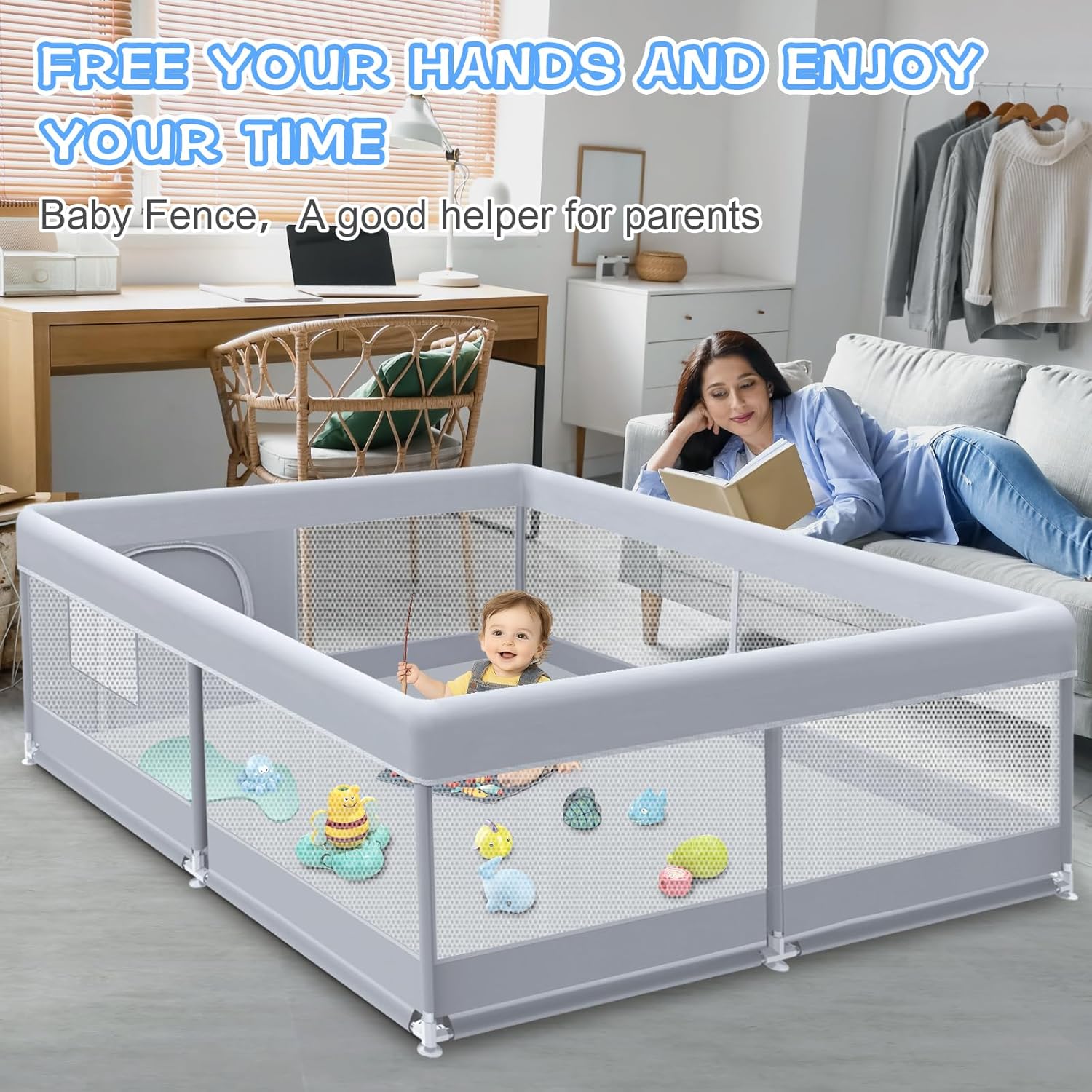Baby Playpen 50 x 50 Inch Play Pen Playards, Playpen for Babies and Toddlers, Baby Playard for Indoor & Outdoor Active Center Game Fence, with Skin-Friendly Fabric and Soft Breathable Mesh Grey Grey 50 × 50 Inch