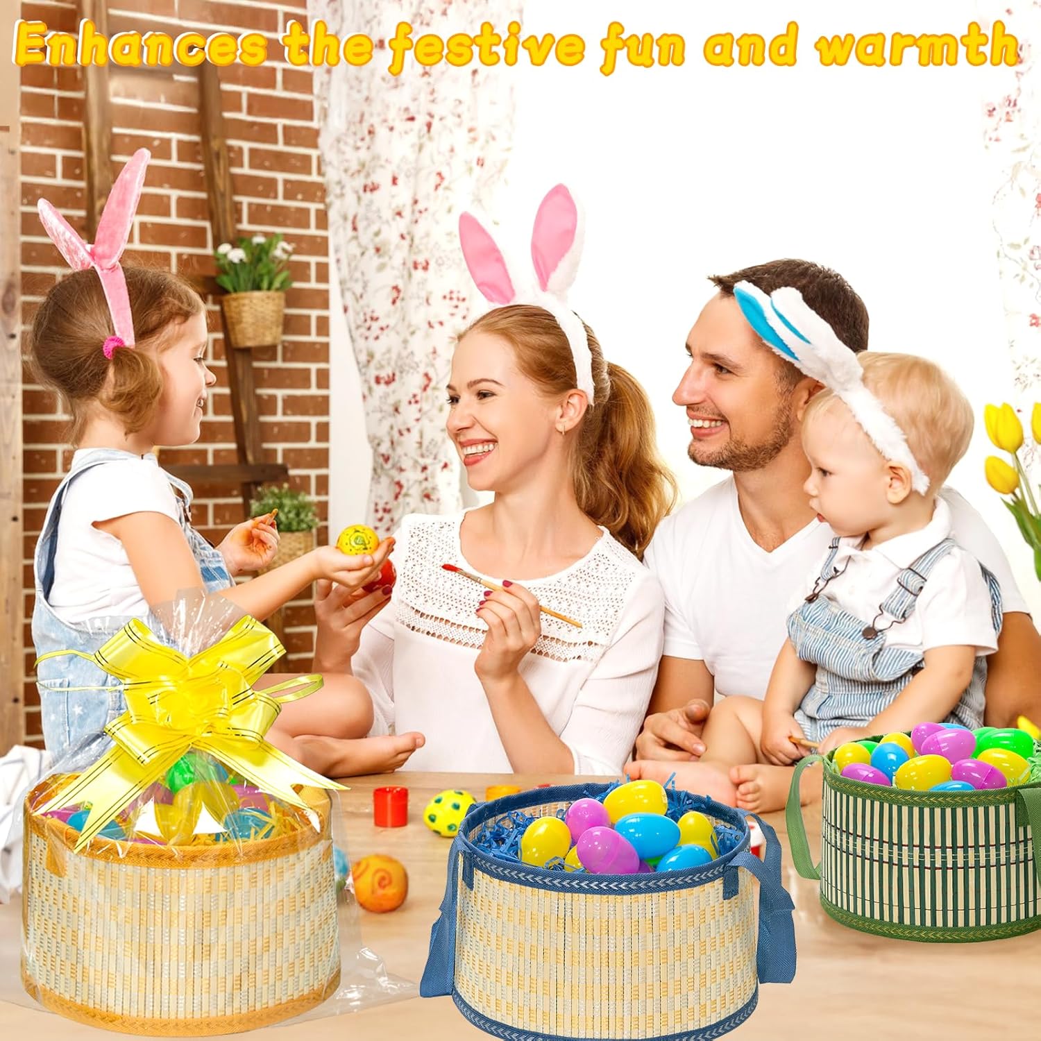 4Sets Large Easter Basket Foldable Easter Baskets with Handle Ribbon Cellophane Bags 12 Colorful Eggs for Easter Egg Hunt Baskets for Gifts Empty (4PCS-Extra Large)