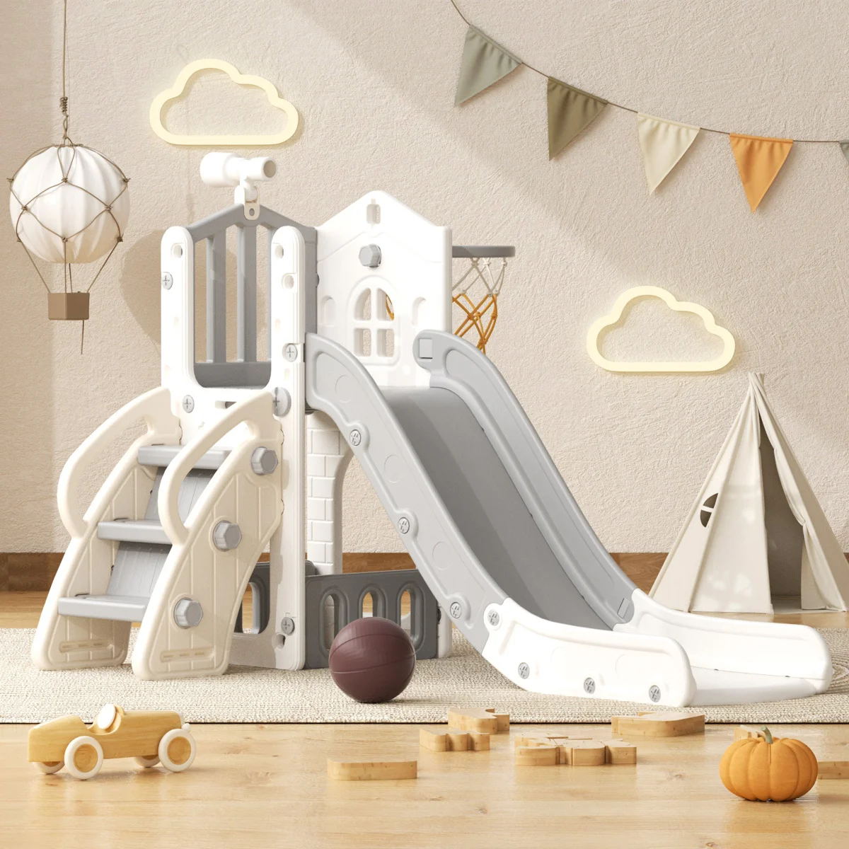 6 In 1 Toddler Slide Playset, Indoor Outdoor Climbing Toy with Basketball Hoop