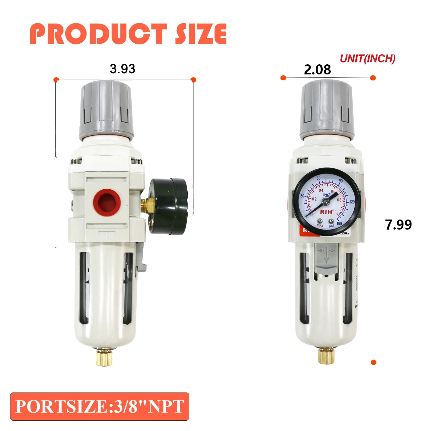 RIH 3/8NPT Air Filter Pressure Regulator Combo Piggyback, 5 Micron Brass Element, Poly Bowl, Semi-Auto Drain, Metal Bracket, 0-150 psi Gauge Air Tool Compressor Filter with Gauge (3/8NPT)