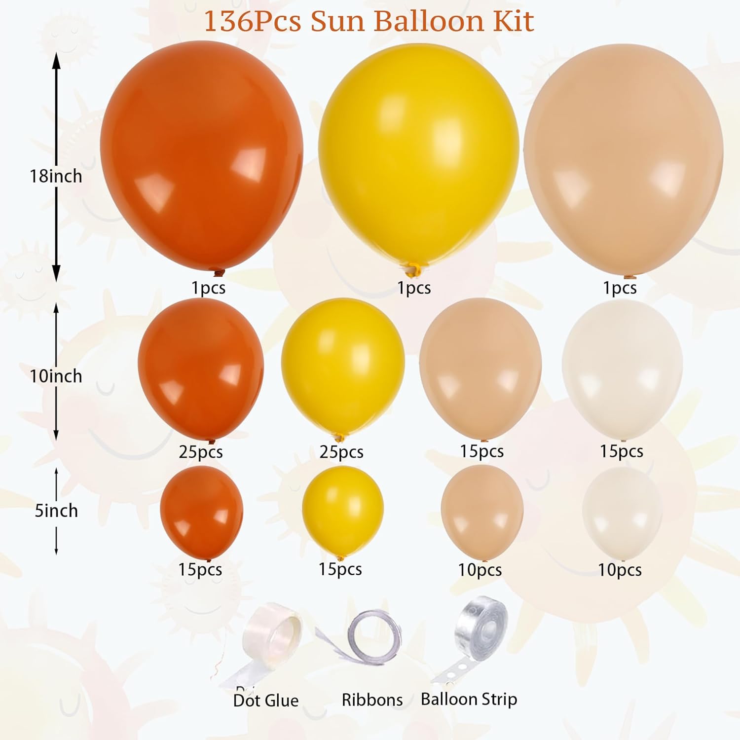 Here Comes The Sun Balloon Arch Kit 136 Pcs Retro Burnt Orange, Mustard Yellow, Nude, Sand White Balloon Garland For Groovy Boho Baby Showers, Sunshine First Birthday Party, Sunset，Fall Celebrations