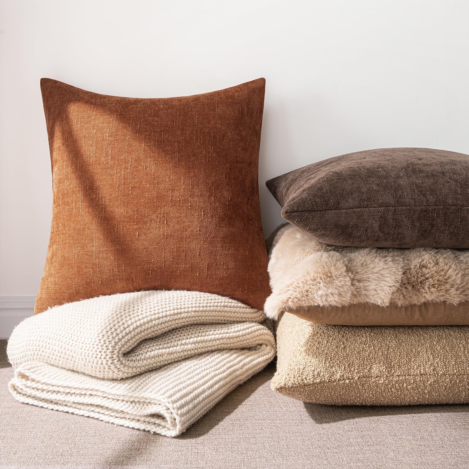 MIULEE Pack of 2 Decorative Throw Pillow Covers Soft Chenille Throw Pillows Solid Textured Cushion Covers for Couch Sofa Bedroom Living Room 20x20 Inch, Dark Rust 20 x 20 (Pack of 2) Dark Rust