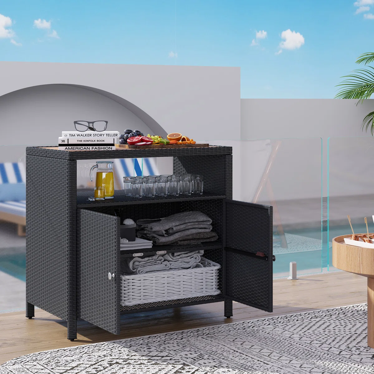 Wicker Outdoor Storage Cabinet, Rattan Outdoor Bar Table with Acacia Wood Countertop, Two Doors and Shelf, Buffet Cabinet Sideboard for Garden, Patio, Backyard, Black