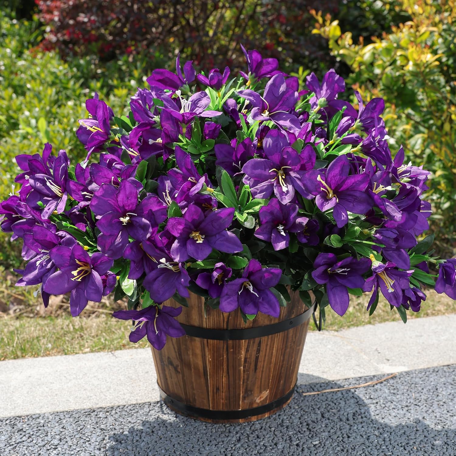 INSPRING Artificial Faux Plants Flowers for Outdoors Spring Decor,3 Bundles Realistic Outside Fake Silk Azalea UV Resistant Outdoor Artificial Flowers for Planter Porch Patio Garden Home, Dark Purple